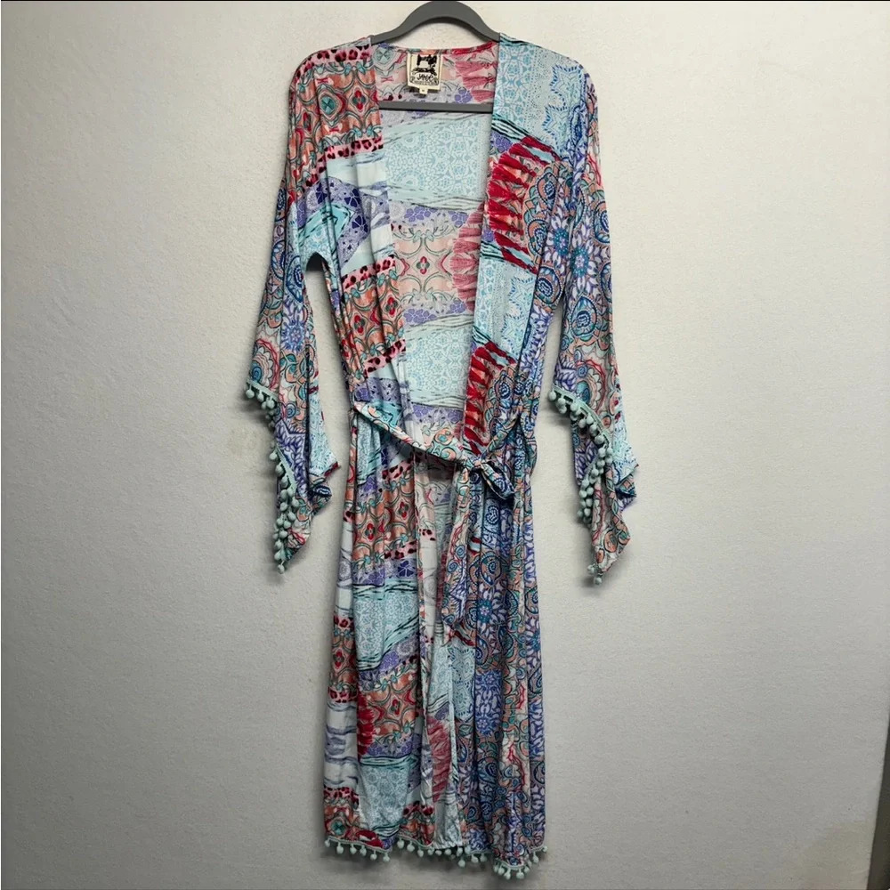 Jaase Colorful Blue Print Pom‎ Pom Hem Kimono Robe M